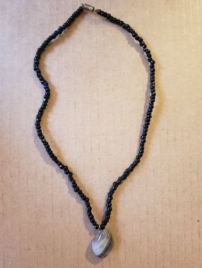 Black Beaded Necklace with Gray Agate Pendant - Women Jewelry